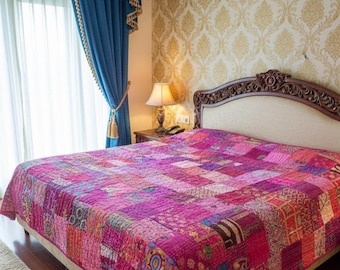 Boho Patchwork Kantha Quilt - Handmade Vintage King Size Bedspread