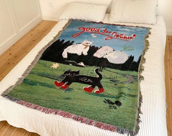 Woven Cat Throw Blanket, Artistic Tapestry Sofa Cover, Fringe Cotton Blend Throw, Picnic & Bed Blanket, Whimsical Carpet Home Decor