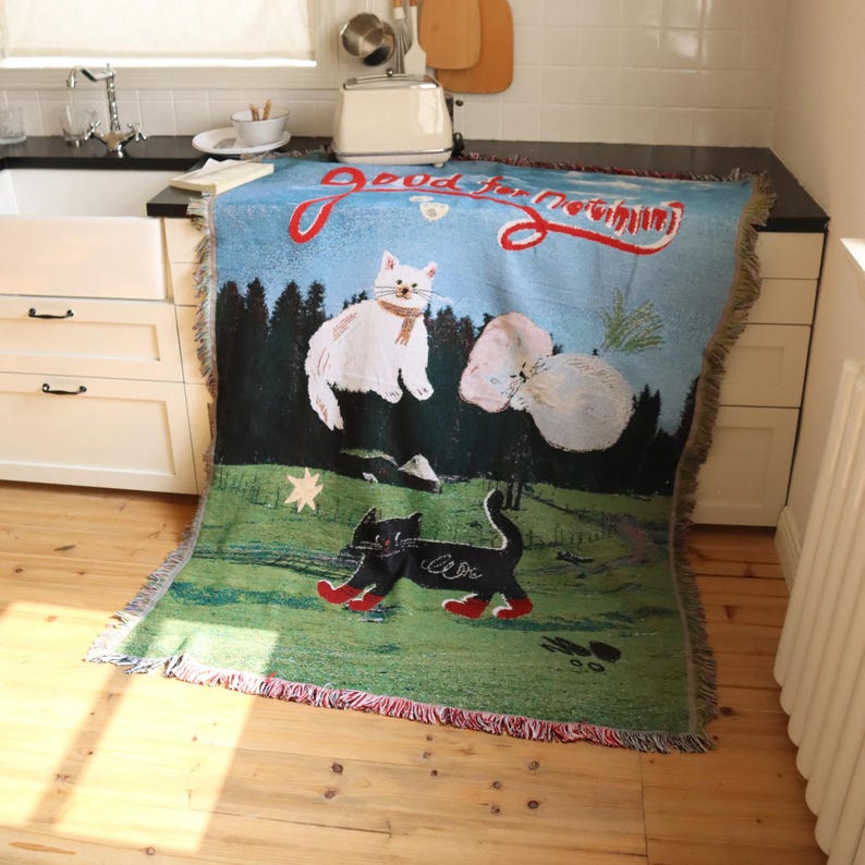 Woven Cat Throw Blanket, Artistic Tapestry Sofa Cover, Fringe Cotton Blend Throw, Picnic & Bed Blanket, Whimsical Carpet Home Decor image 2
