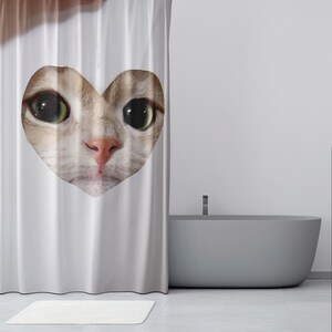 Cortina de ducha personalizada con meme de gato feliz: tela impermeable personalizada