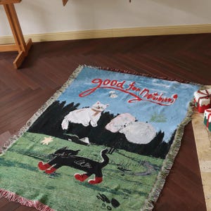 Woven Cat Throw Blanket, Artistic Tapestry Sofa Cover, Fringe Cotton Blend Throw, Picnic & Bed Blanket, Whimsical Carpet Home Decor image 7