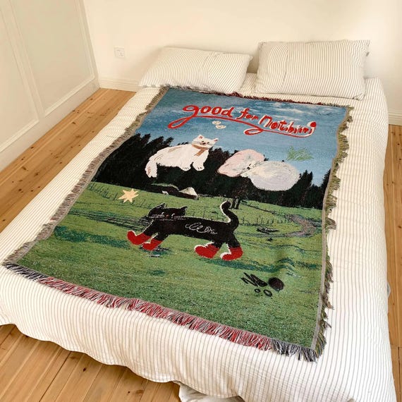 Woven Cat Throw Blanket, Artistic Tapestry Sofa Cover, Fringe Cotton Blend Throw, Picnic & Bed Blanket, Whimsical Carpet Home Decor