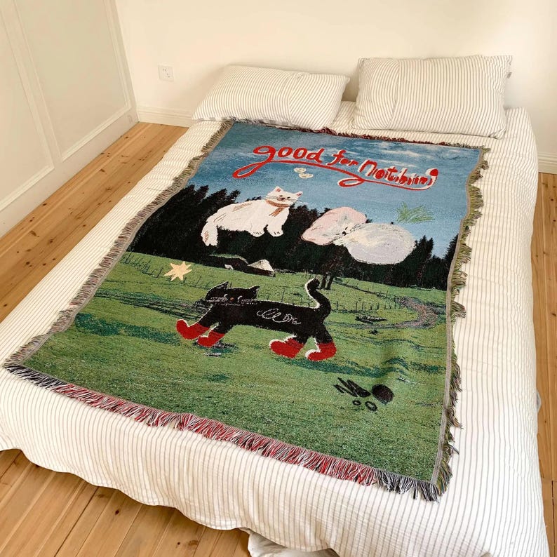 Woven Cat Throw Blanket, Artistic Tapestry Sofa Cover, Fringe Cotton Blend Throw, Picnic & Bed Blanket, Whimsical Carpet Home Decor image 1