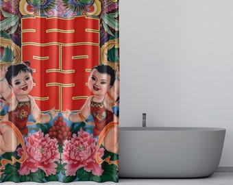 Double Happiness Shower Curtain: Japanese Art, Lucky Symbol Decor