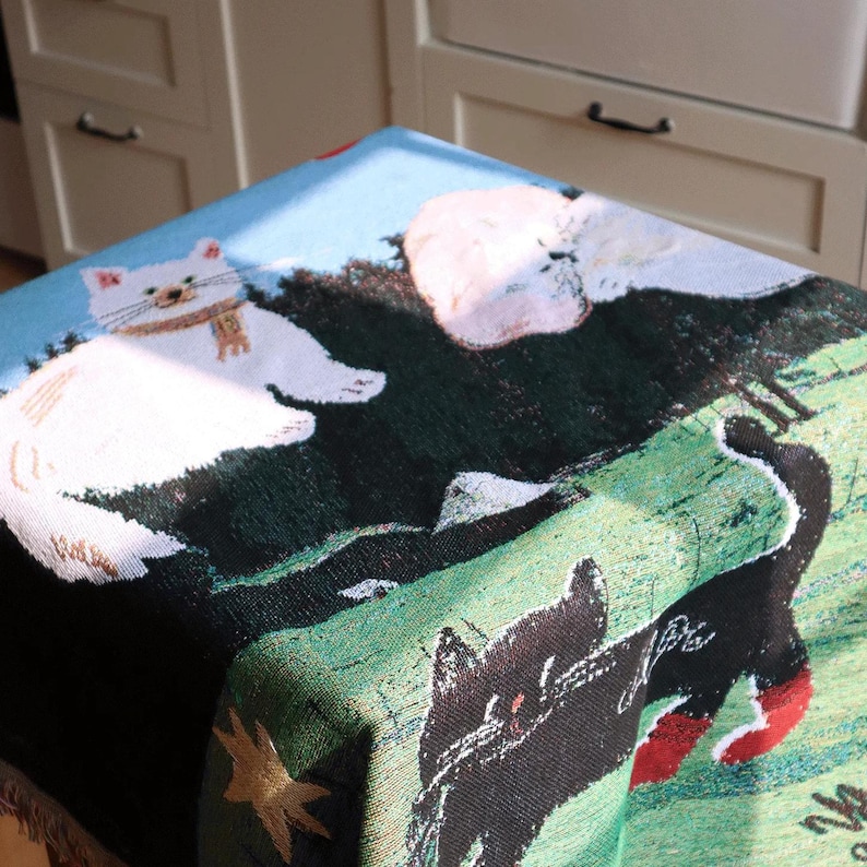 Woven Cat Throw Blanket, Artistic Tapestry Sofa Cover, Fringe Cotton Blend Throw, Picnic & Bed Blanket, Whimsical Carpet Home Decor image 6