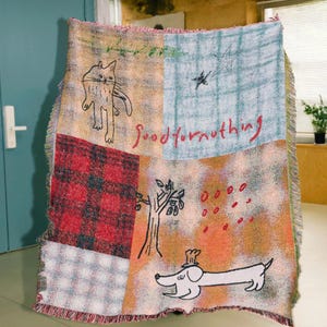Woven Patchwork Throw Blanket, Vintage Dog Art Tapestry, Boho Sofa Cover, Cotton Blend Jacquard Blanket, Artistic Home Decor