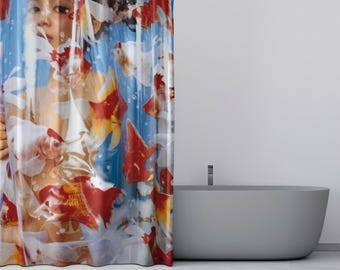 Retro Japanese Shower Curtain｜Goldfish Girl, Urban Neon City, Roaring Tiger Print, Traditional Nature Scroll Art | Aesthetic Bathroom Decor