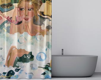 Original Art Shower Curtain: Floral Fabric, Vintage 2000s Style