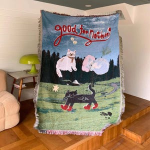 Woven Cat Throw Blanket, Artistic Tapestry Sofa Cover, Fringe Cotton Blend Throw, Picnic & Bed Blanket, Whimsical Carpet Home Decor image 5