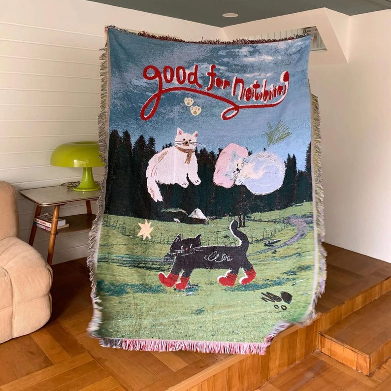 Woven Cat Throw Blanket, Artistic Tapestry Sofa Cover, Fringe Cotton Blend Throw, Picnic & Bed Blanket, Whimsical Carpet Home Decor image 5