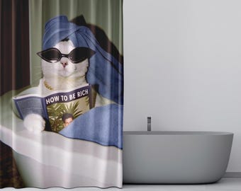 Personalized Rich Cat Meme Shower Curtain: Funny Bathroom Decor