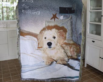 Woven Dog Blanket Throw, Vintage Puppy Tapestry, Hotel for Dogs Art Textile, Cotton Blend Sofa Blanket, Dog Lover Gift