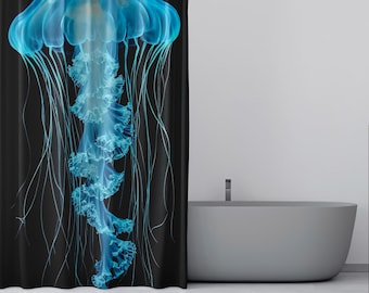 Tenda da doccia personalizzata con meduse | Decorazione da bagno con motivo oceano profondo / Arte marina bioluminescente / Regalo nautico unico