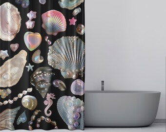 Iridescent Shells & Pearls Shower Curtain – Ocean Bathroom Decor, Mermaid Aesthetic, Coastal Nautical Style, Black Background Curtain