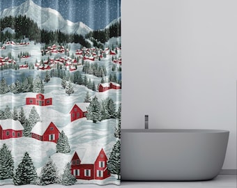 Christmas Shower Curtain Vintage Holiday Decor | Festive Bathroom Curtain with Santa, Ornaments, Snow Village