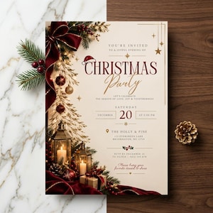 Op de afbeelding: Een crèmekleurige uitnodigingskaart voor een kerstfeest met een donkerrode fluwelen strik, dennentakken, twee brandende lantaarns en een cadeau. De tekst luidt: You're invited to a joyful evening of Christmas Party, zaterdag 20 december.