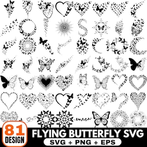 May include: A collection of 81 black and white butterfly designs in various shapes and arrangements. The designs include butterflies, hearts, circles, and other decorative elements. The text "FLYING BUTTERFLY SVG" is also included.