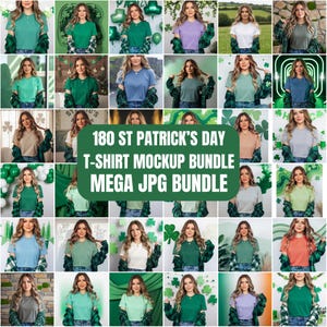May include: A selection of t-shirt mockups in shades like green, blue, and white, themed for St. Patrick's Day. The image shows a model wearing the shirts, paired with a green plaid shirt. Text on the image reads "180 St Patrick's Day T-Shirt Mockup Bundle Mega JPG Bundle."