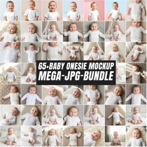 Puede incluir: Una imagen compuesta por múltiples bebés vestidos con bodies blancos, en diversas poses y entornos. El texto "65+ BABY ONESIE MOCKUP MEGA-JPG-BUNDLE" se muestra en un rectángulo negro. Los bebés están sobre camas y fondos de colores.