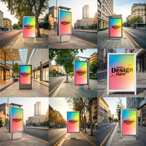 Urban Street Billboard Mockup Bundle, Outdoor Advertising Poster Mockup, Realistic Bus Stop Billboard Template, JPEG + PSD