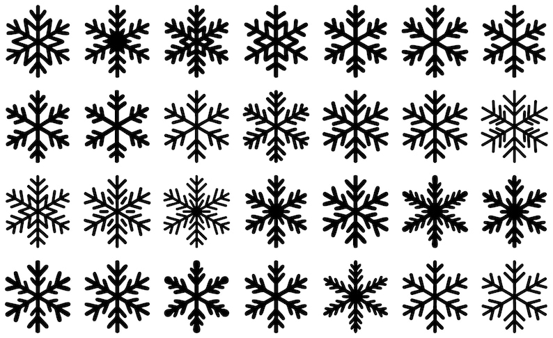 Op de afbeelding: Een verzameling zwarte sneeuwvlokontwerpen op een witte achtergrond. De sneeuwvlokken vari&euml;ren in vorm en grootte, perfect voor winterse knutselwerken of decoraties. Elke sneeuwvlok heeft zes punten met ingewikkelde details.