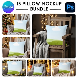 May include: A mockup bundle of 15 pillows, each featuring a design of a blue sky, white cloud, and green hills. The pillows are displayed on chairs and sofas in a cozy setting, with text that reads "15 Pillow Mockup Bundle".