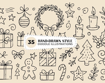 Hand Drawn Styel Christmas Doodles SVG Bundle,Festive Holiday SVG and PNG Icons for Invitations,Hand Drawn Whimsical Christmas Illustrations