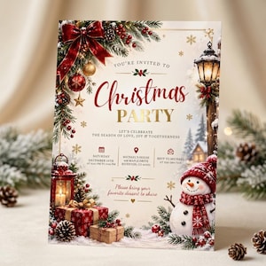 May include: A Christmas party invitation card featuring a red bow, pine branches, ornaments, a lantern, gifts, and a snowman. Text includes: YOU'RE INVITED TO Christmas PARTY, LET'S CELBBRATE THE SEASON OF LOVE, JOY & TOGETHERNESS, and event details.