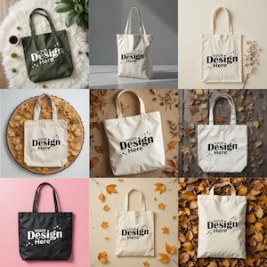 以下が含まれることがあります： オリーブグリーン、ブラック、クリーム色など、さまざまな色のトートバッグのコレクション。各バッグには、モダンなフォントで「YOUR Design Here」というテキストが表示されています。バッグは、ふわふわの白いラグや秋の葉など、さまざまな背景に表示されています。