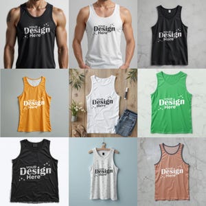 May include: A collection of tank tops in various colors, including black, white, orange, green, and tan. Each tank top features the text "YOUR Design Here" in a stylized font. The tank tops are displayed on a variety of backgrounds.
