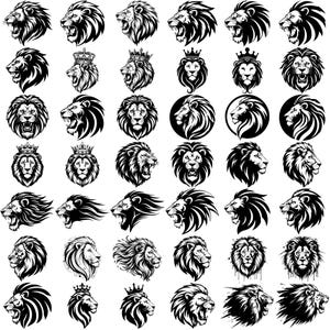 May include: A collection of black and white lion head illustrations. The images depict various lion poses, including roaring, side profiles, and crowned lions. The designs are detailed and suitable for graphic design projects.