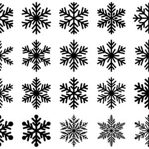 Op de afbeelding: Een verzameling zwarte sneeuwvlokontwerpen op een witte achtergrond. De sneeuwvlokken vari&euml;ren in grootte en detail, met ingewikkelde patronen en symmetrische vormen. Ideaal voor winterse knutselwerken of decoraties.