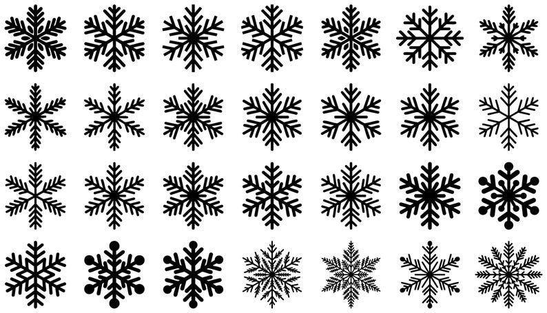 Op de afbeelding: Een verzameling zwarte sneeuwvlokontwerpen op een witte achtergrond. De sneeuwvlokken vari&euml;ren in grootte en detail, met ingewikkelde patronen en symmetrische vormen. Ideaal voor winterse knutselwerken of decoraties.