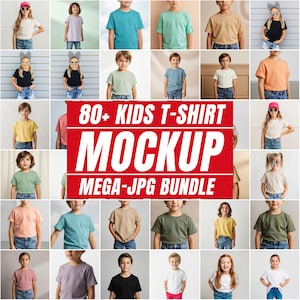 以下が含まれることがあります： さまざまな色のTシャツを着た子供たちのコラージュ。シャツには、青、緑、ベージュ、ピンク、黒の色合いが含まれています。「80+ KIDS T-SHIRT MOCKUP MEGA-JPG BUNDLE」というテキストが赤いバナーに表示されています。