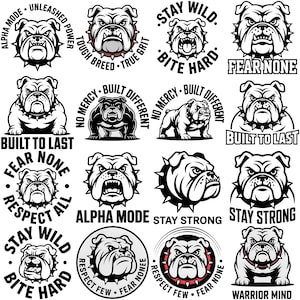Op de afbeelding: Een verzameling zwart-wit illustraties van bulldogs met verschillende tekstelementen. De ontwerpen bevatten zinnen als "Alpha Mode", "Stay Wild" en "Built to Last", samen met bulldog gezichten en cirkelvormige ontwerpen.