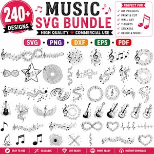 May include: A digital collection of over 240 black music-themed graphic designs featuring musical notes, staves, treble clefs, guitars, and heart or infinity shapes. The text reads Music SVG Bundle, High Quality, Commercial Use, SVG, PNG, DXF, EPS, PDF.