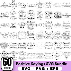 Könnte beinhalten: Ein digitales Design-Bundle mit 60 positiven Sprüchen in SVG-, PNG- und EPS-Formaten. Die Designs beinhalten inspirierende Zitate mit Schmetterlings- und Blumenakzenten, ideal für Bastel- und Heimdekorationsprojekte.