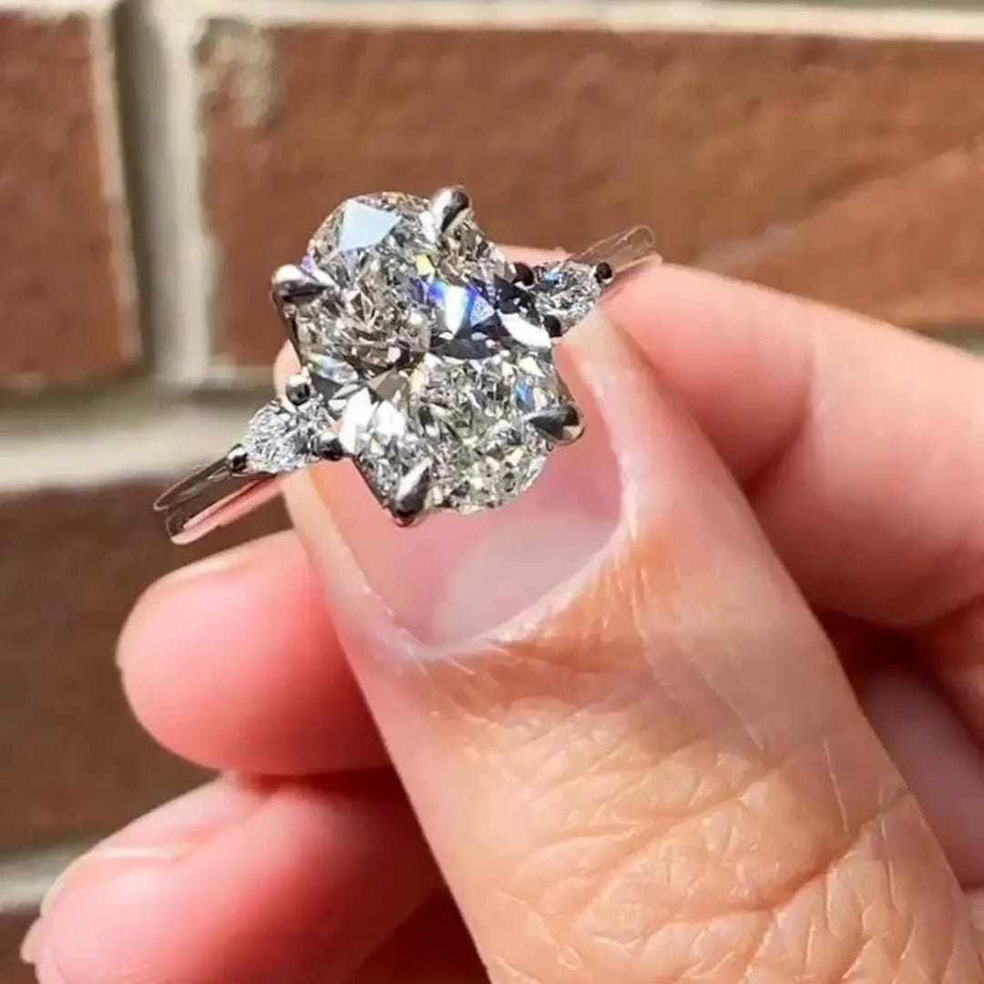 Three Stone Ring Oval Cut Moissanite Engagement Ring 14K Gold Wedding ...