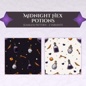 Puede incluir: Dos patrones sin costuras con botellas de pociones, llaves y corazones. Un patrón tiene un fondo negro, el otro es blanquecino. El texto "Midnight Hex Potions" se muestra encima de los patrones.