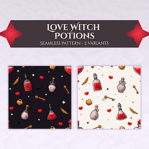 Wzór „Miłosna Wiedźma” – Czerwony magiczny eliksir, papier cyfrowy Fantasy Alchemy (ciemne i jasne tło)