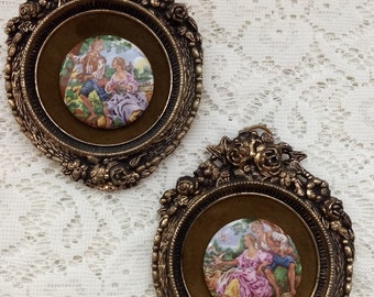 Pair Of Vintage Ornately Framed Romantic Porcelains