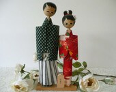 Adorable retro ręka malowane japoński ślub para Kokeshi