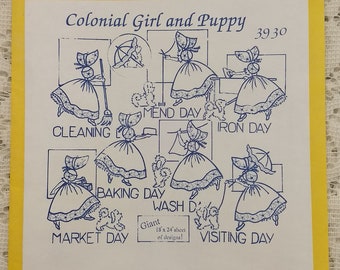 Colonial Girl and Puppy Aunt Martha's Iron On Transfers - Never Opened!