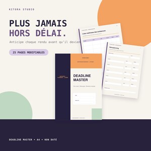 Peut inclure: Un ensemble de planificateur numérique intitulé Deadline Master avec 25 pages modifiables. La couverture est bleu foncé, orange et crème avec le texte Deadline Master. Deux pages intérieures montrent une liste d'échéances et un rétroplanning.
