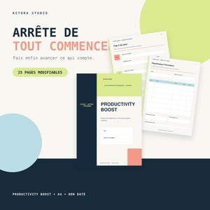 Peut inclure: Un ensemble de planificateur de productivité numérique Kitora Studio avec 25 pages A4 modifiables. La couverture affiche le texte Productivity Boost, Focus, Action, Progres, et des champs pour le nom et la date. Inclut des feuilles de planification.