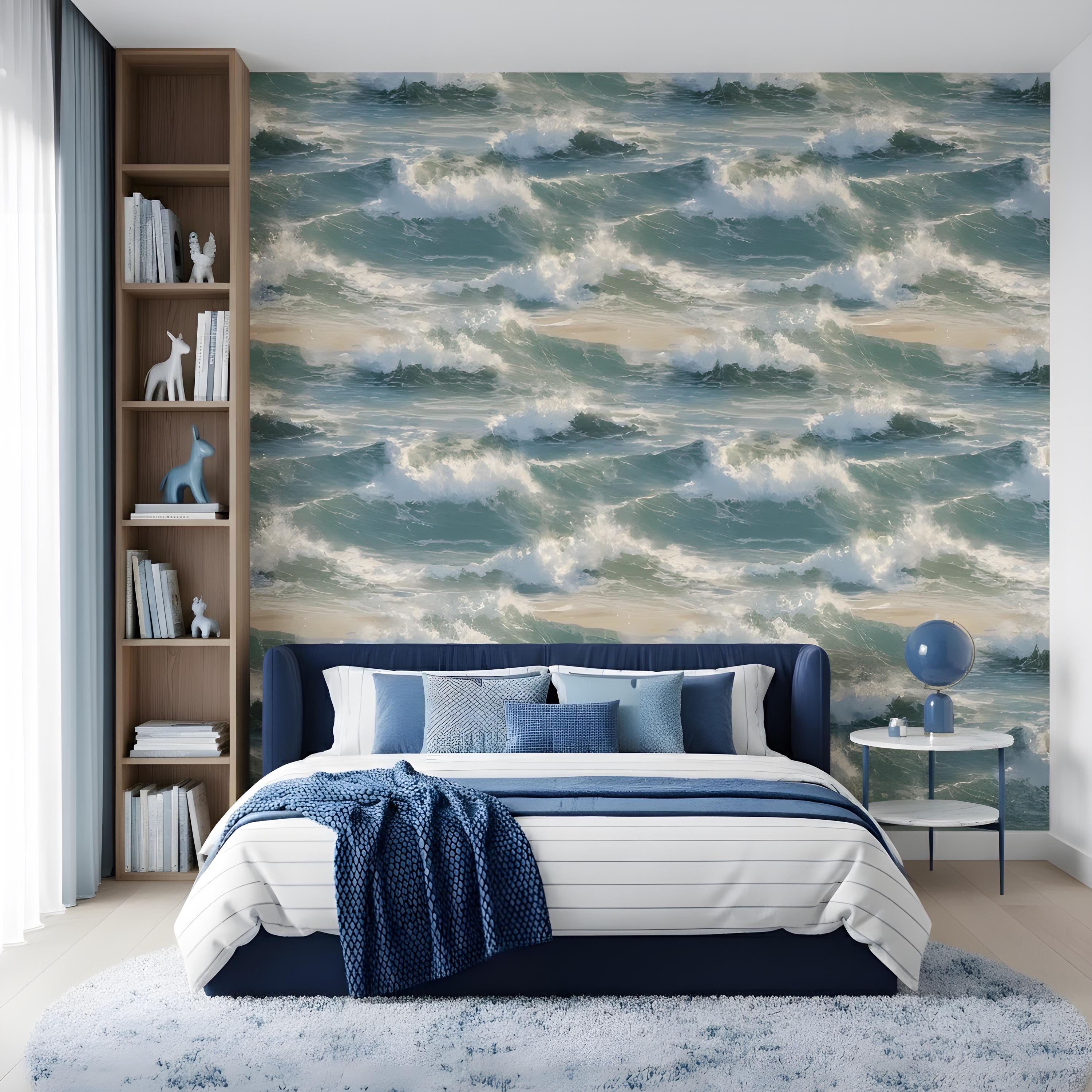 Coastal Beach Peel and Stick Wallpaper: Ocean Wave Wall Mural Renter ...