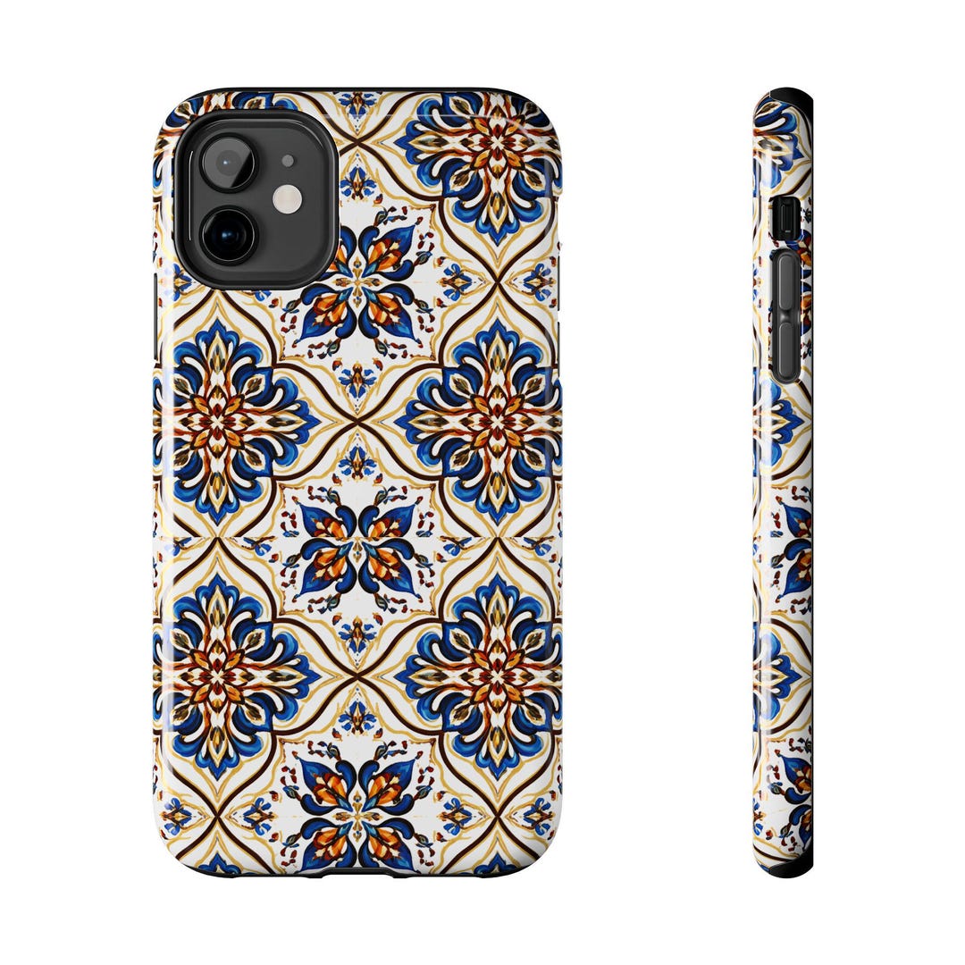 Tile Phone Case Mediterranean Tile Pattern Tough Phone Case | Blue Orange Floral ...