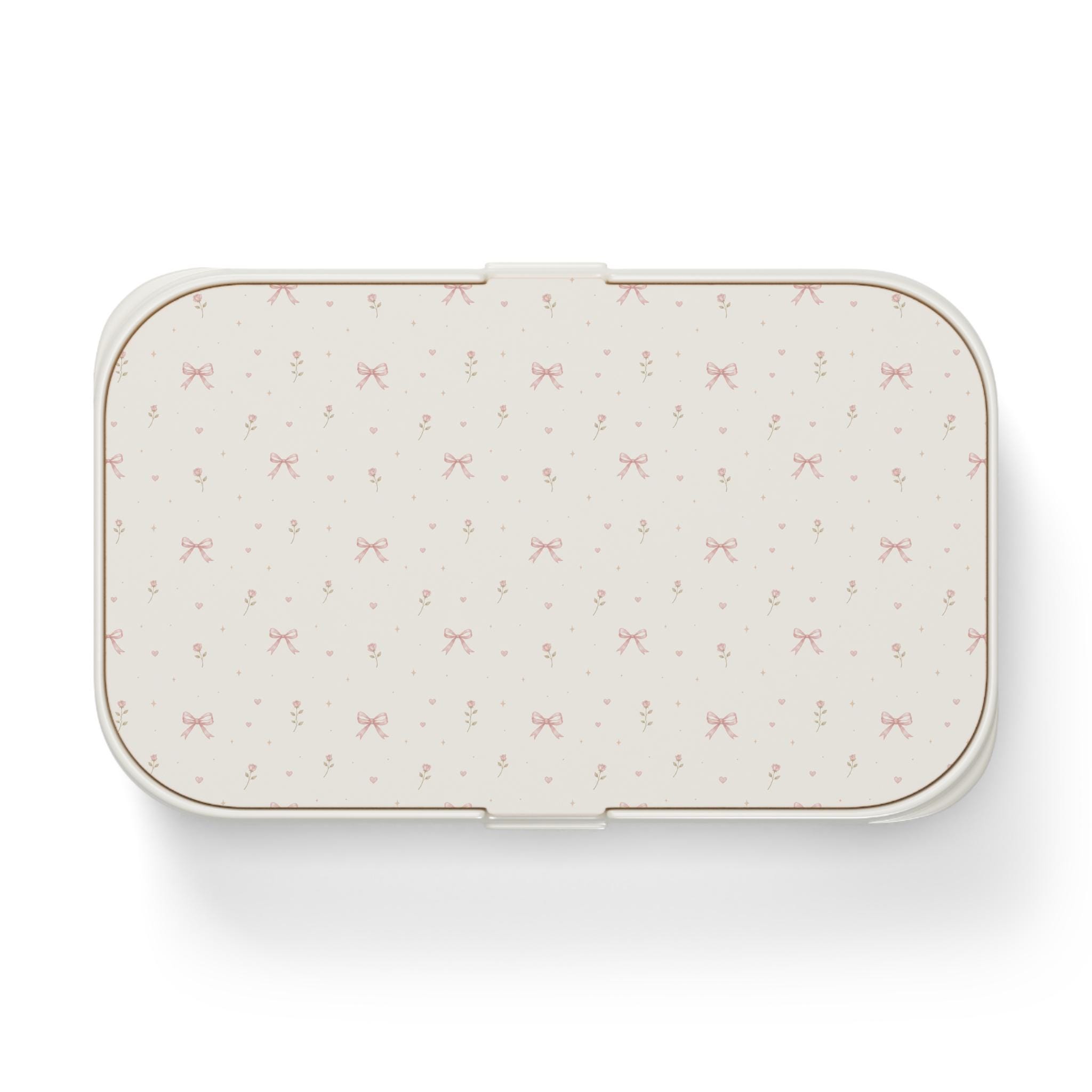 Bento Lunch Box Cream Lid, Blush Bows, Floral Pattern, Wood Lid