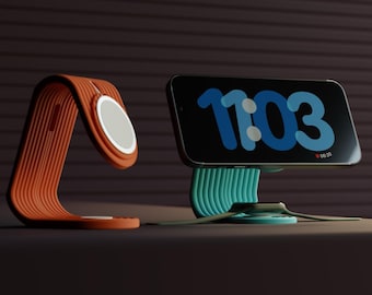 May include: An orange and white charging stand for a phone and a separate orange and white charging stand for a smartwatch. A phone displays the time 11:03 in blue. The smartwatch band is green.