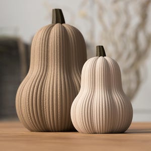 May include: Two decorative gourd-shaped objects with a ribbed, textured surface. The larger object is a medium tan colour, while the smaller object is a lighter cream colour. Both feature a dark brown, short, vertical stem at the top centre.